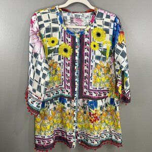 Johnny Was Silk Multi Color Shear Theda Button Front  1/2 sleeve Tunic Sz Med